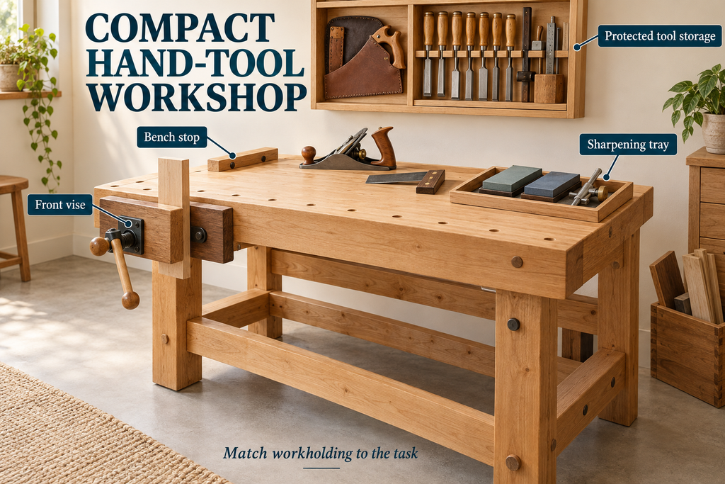 Compact hand-tool workbench with a front vise holding a board, bench stop, sharpening tray and wall-mounted tool storage.