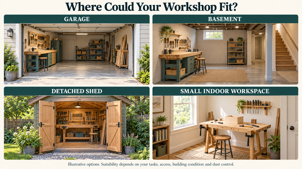 Four possible home woodworking locations: garage, basement, detached shed and small indoor workspace.