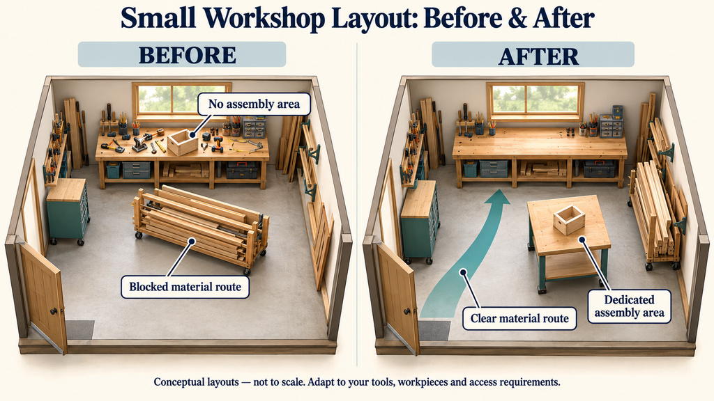 Before-and-after workshop layouts showing relocated lumber storage, clearer material access and a dedicated assembly table.