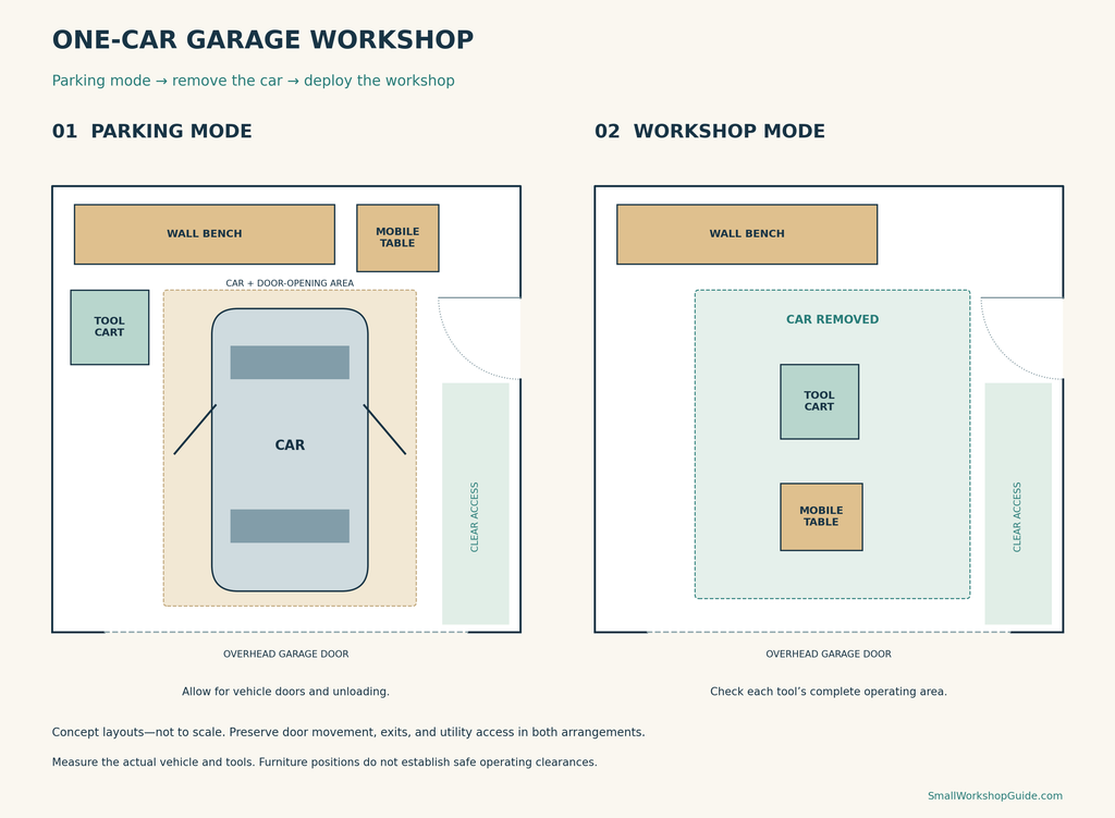 One-car garage layouts showing vehicle-door clearance, a wall bench, mobile tools, and clear access in parking and workshop modes.