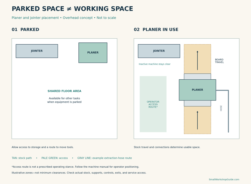 Planer and jointer layouts showing parked machines, board travel, operator access, and extraction-hose routing