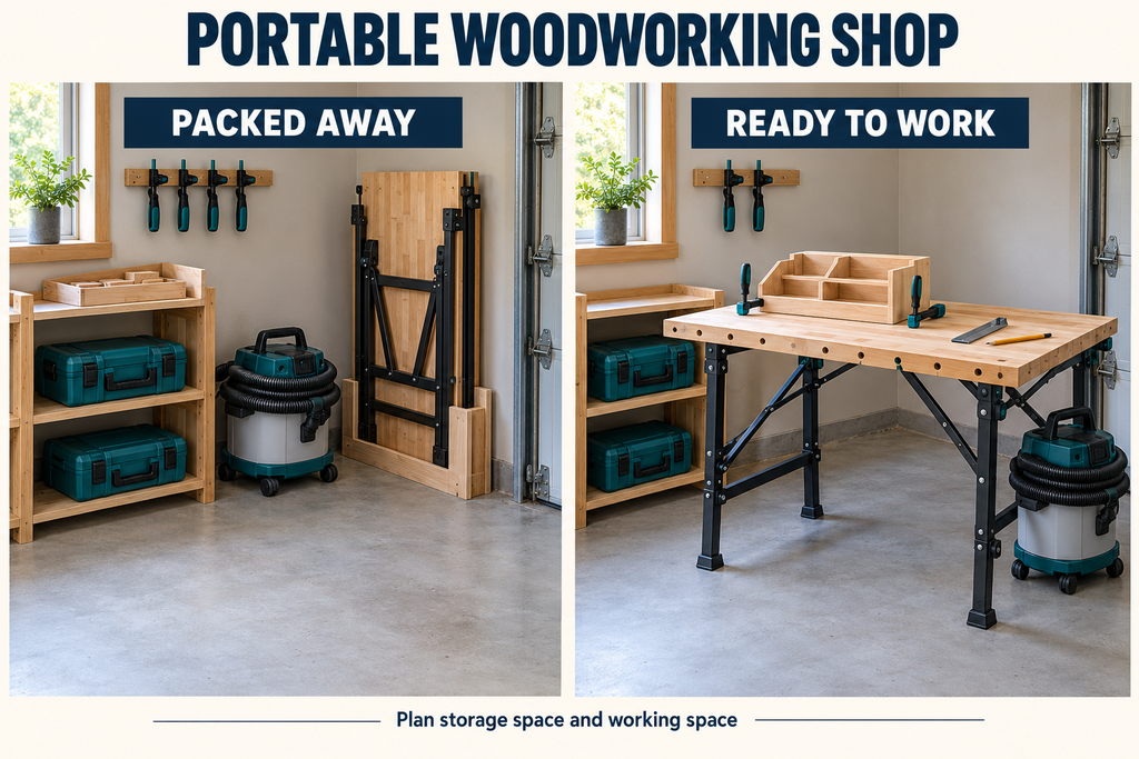 Portable woodworking shop shown packed away and ready to work, with a folding bench, clamps, tool cases and dust extractor