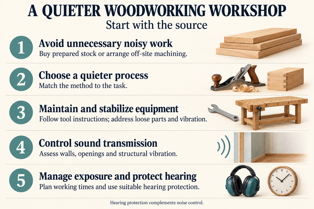 Five workshop noise-control priorities covering quieter processes, maintenance, vibration, sound transmission and hearing protection