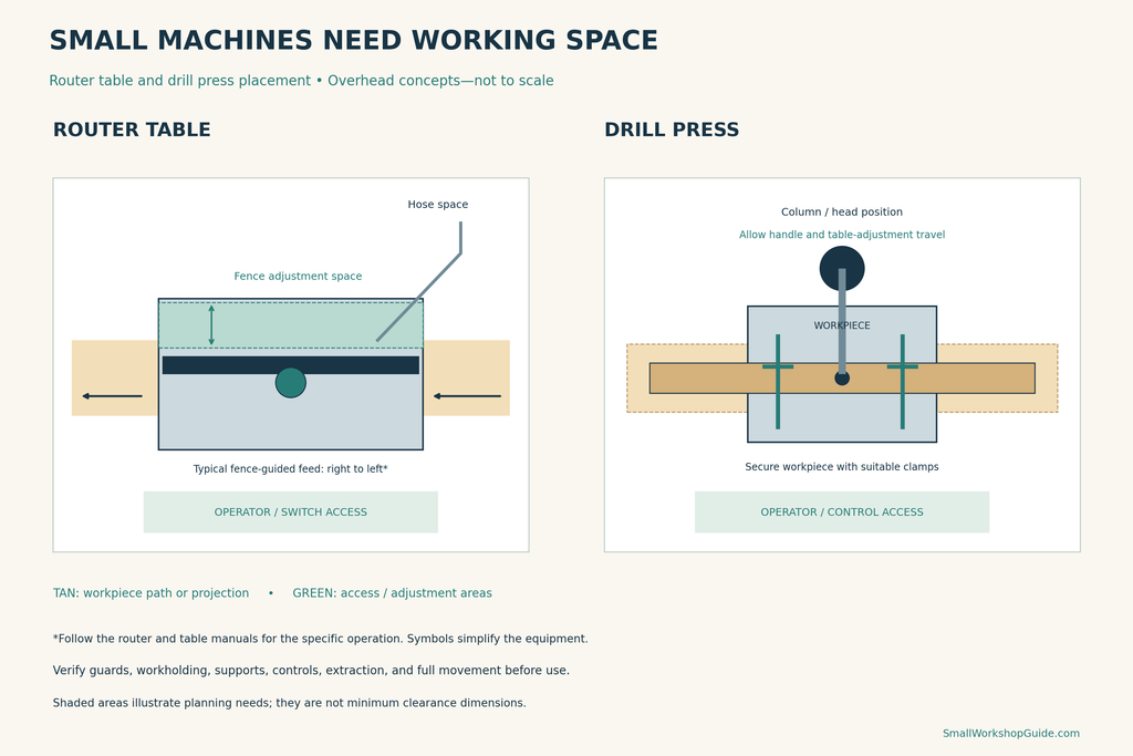 Router table and drill press layouts showing stock clearance, fence adjustment, workholding, and operator access.