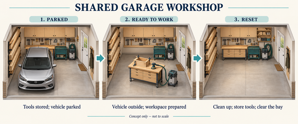Three stages of a shared garage workshop showing vehicle parking, woodworking setup and tools stored ready for parking.