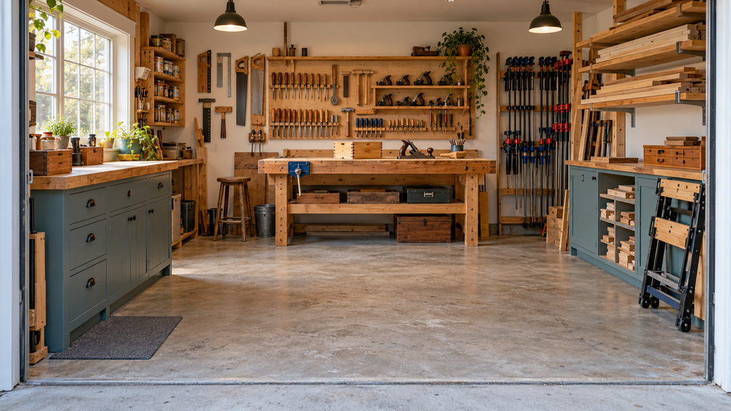 Compact woodworking workshop with a wooden workbench, organized wall tools, lumber storage and clear floor space.