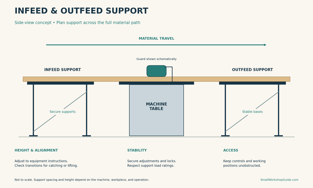 Conceptual side view showing infeed and outfeed supports, material travel, and stable support bases