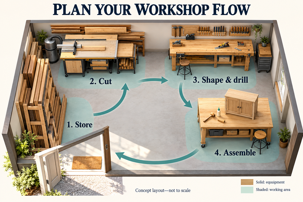 Small woodworking workshop illustration showing lumber storage, cutting, shaping, and assembly zones connected by workflow arrows.