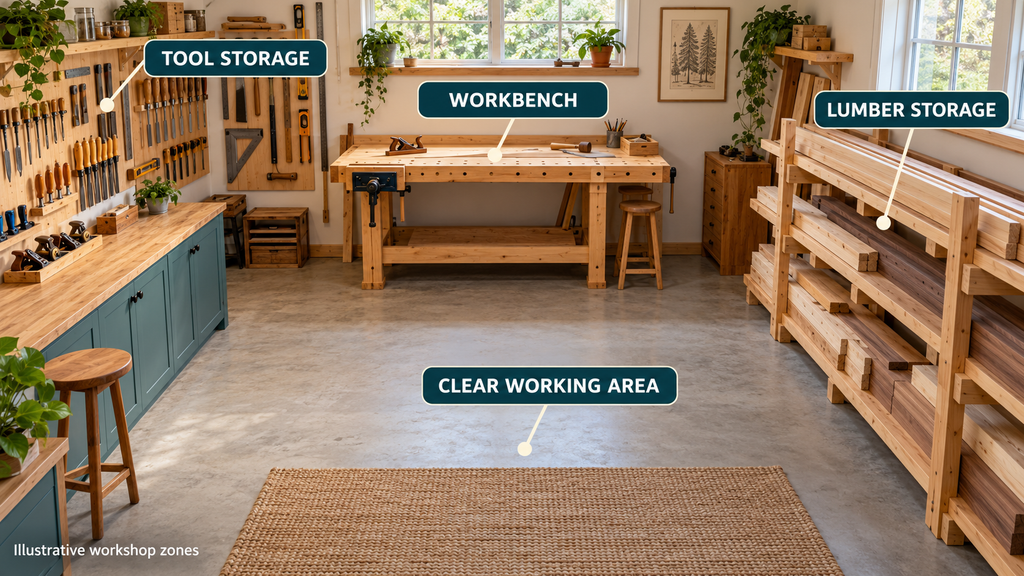 Small woodworking workshop with labeled workbench, tool storage, lumber storage and clear working area.