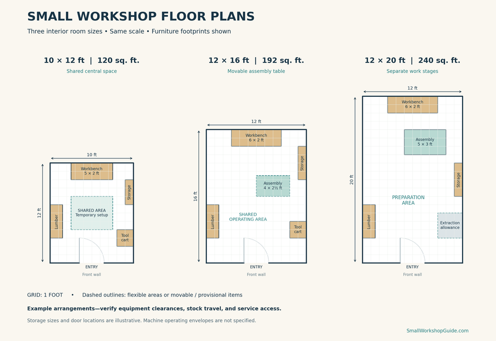 Comparison of 10×12, 12×16, and 12×20 workshop floor plans showing benches, storage, assembly areas, and entrances