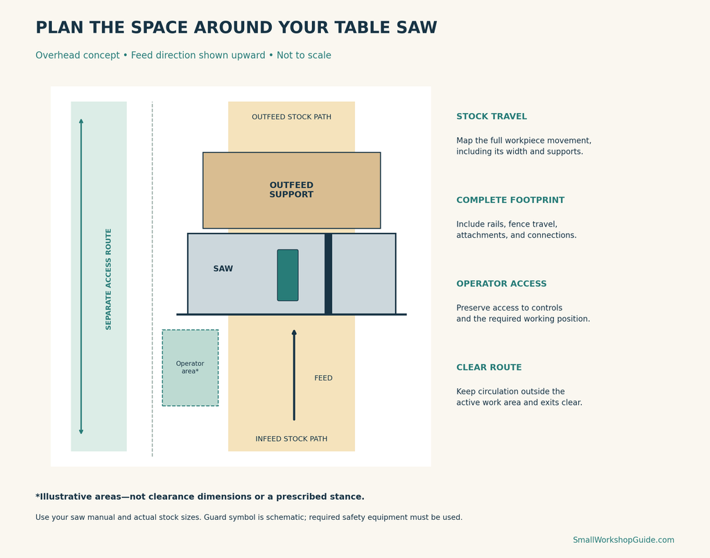 Table saw placement diagram showing stock travel, operator working area, outfeed support, and a separate access route