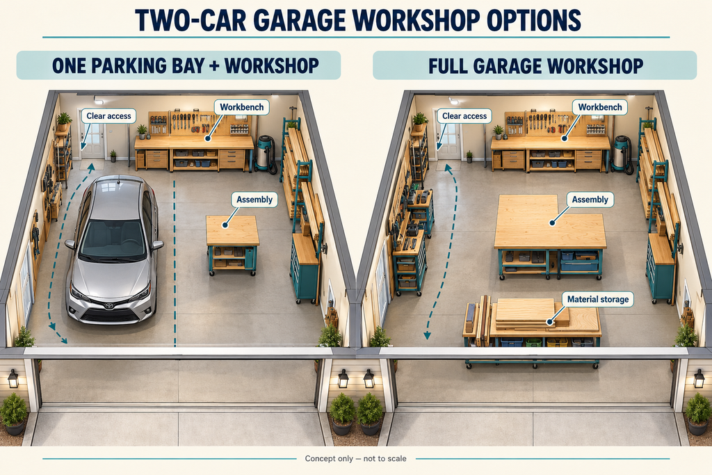 Two-car garage workshop layouts comparing one retained parking bay with a full workshop, including assembly space, storage and clear access
