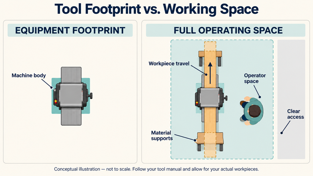 Comparison of a woodworking machine’s footprint with the additional space for workpieces, supports, the operator and clear access.