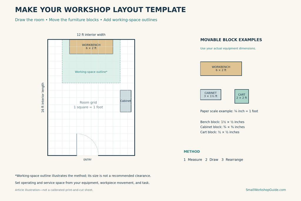 Scale workshop drawing with movable workbench, cabinet, and tool-cart templates and a separate working-space outline.