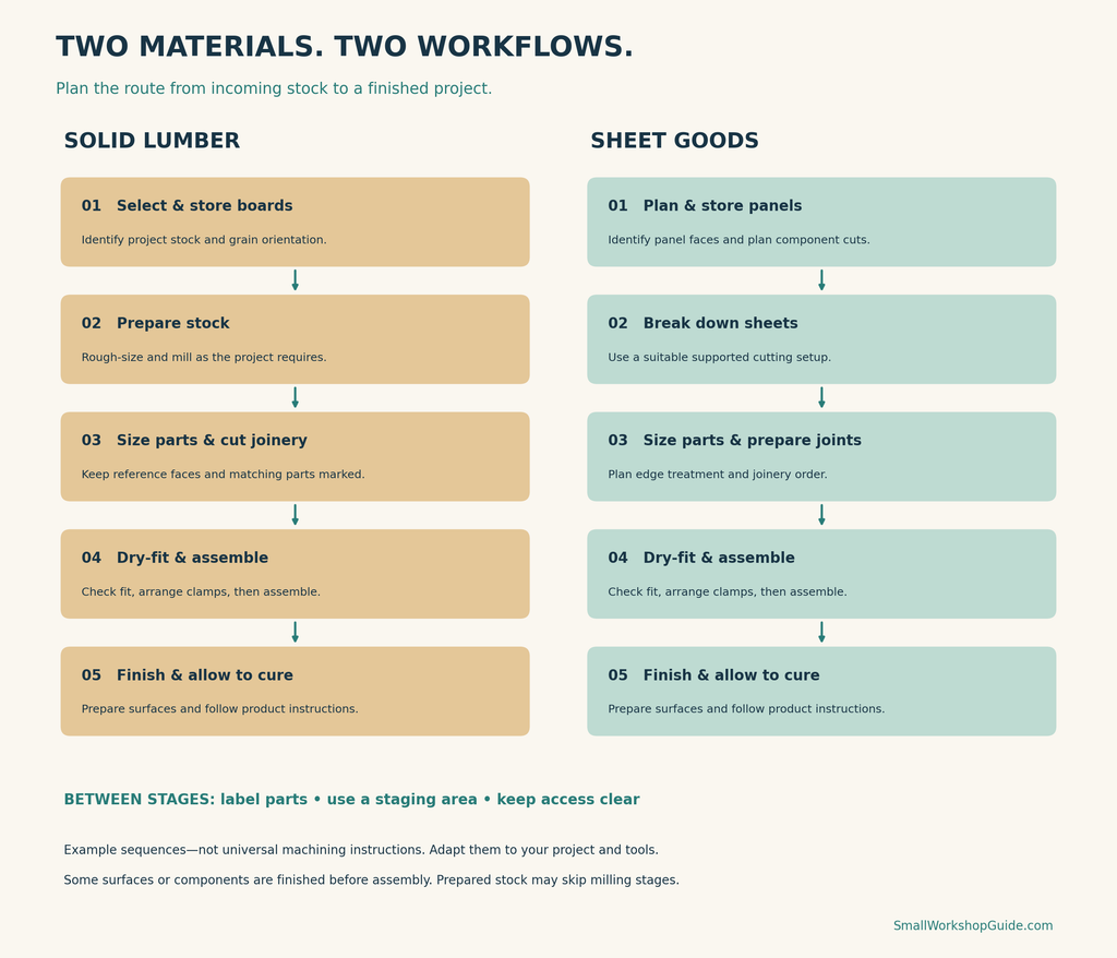 Comparison of solid-lumber and sheet-goods workflows from material preparation through assembly and finishing.