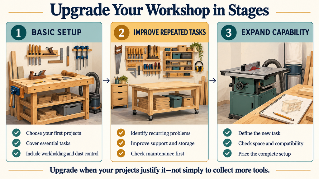 Three workshop upgrade stages: establish a basic setup, improve repeated tasks and expand capabilities as projects require.