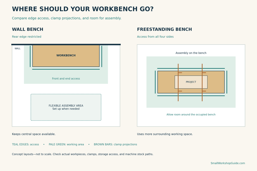 Wall-bench and freestanding workbench layouts showing accessible edges, clamp projections, and assembly areas